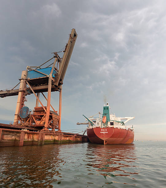 причалить грузовой корабль в гавань на рассвете - harbor editorial industrial ship container ship стоковые фото и изображения