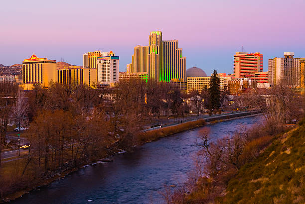 Reno "Reno, USA - January 21, 2007: Reno, known as The Biggest Little City in the World, is famous for it\'s casinos, and is the birthplace of the gaming corporation Harrah\'s Entertainment. Truckee River run through downtown." truckee river photos stock pictures, royalty-free photos & images