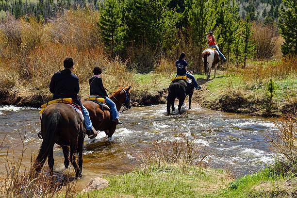 Riding on Horseback, Colorado "Estes, Colorado, USA - May 24, 2013: People riding on horseback in the Rocky Mountain National Park in Colorado." ford crossing stock pictures, royalty-free photos & images