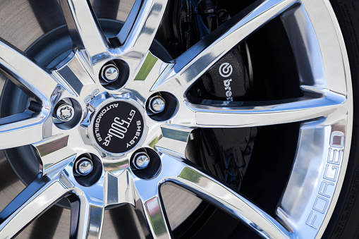 Dartmouth, Nova Scotia, Canada - August 24, 2013: The wheel of a 2009 Ford Shelby GT500KR.  Brembo brakes visible behind wheel.  The Ford Shelby GT500KR features a 540 horsepower 5.4-liter, supercharged V-8 engine.  The KR 