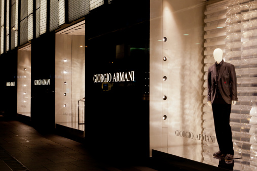 Hong Kong, China - August 24, 2011: Window displays at the Giorgio Armani flagship store. This store is located in Connaught Road, Central, Hong Kong. This is the world\'s second-biggest Armani store, after one on Via Manzoni in Milan.