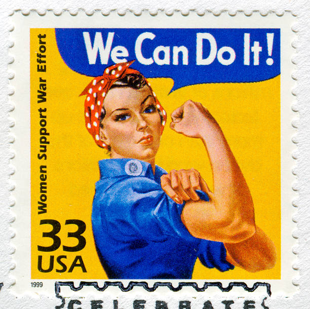 Rosie The Riveter Stamp Richmond, Virginia, USA - November 2nd, 2011: Cancelled Stamp From The United States Featuring Rosie The Riveter Saying "We Can Do It!".  On The Side Of The Stamp It Reads "Woman Support War Effort". postage stamp photos stock pictures, royalty-free photos & images