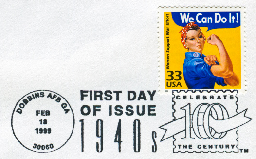Richmond, Virginia, USA - November 2nd, 2011:  Cancelled First Day Of Issue Stamp From The United States Featuring Rosie The Riveter Supporting The War Effort