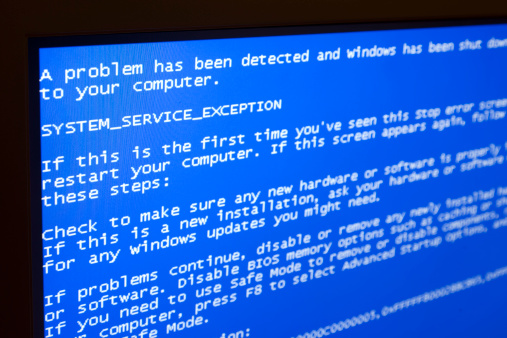Bradford, England - May 23, 2011: Close up of an LCD screen showing the "The Blue Screen Of Death". This is the page that famously comes up when Microsoft Windows has crashed.
