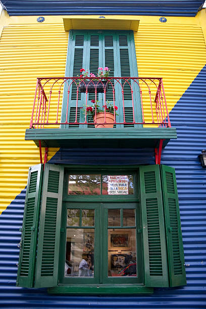 Corrugated  metal cladding giving a funky industrial vibe to the Granville Island shopping district in the city of Vancouver, British Columbia