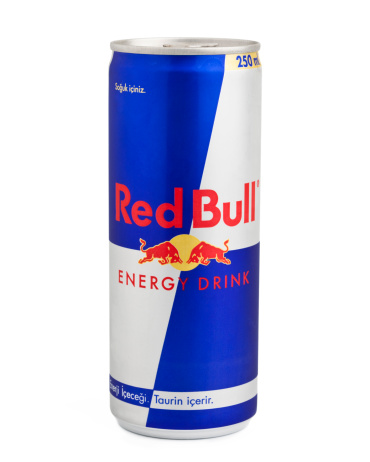 Istanbul, Turkey - May 22, 2011: A can of Red Bull isolated on white background. Red Bull is an energy drink sold by the Austrian Red Bull GmbH. Red Bull is sold in a tall and slim blue-silver can.