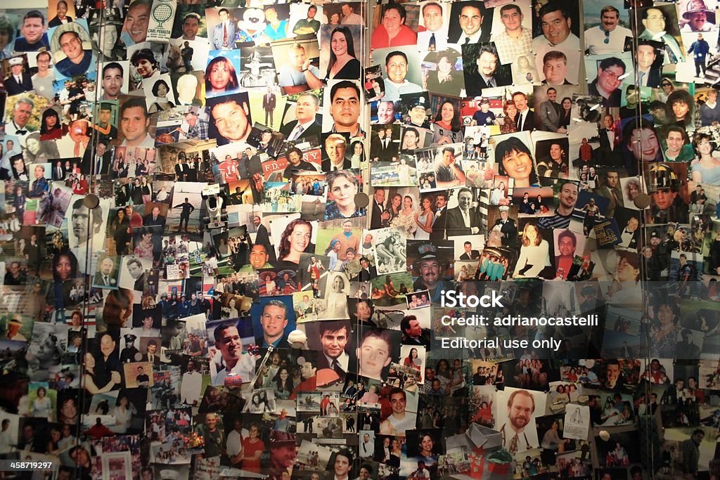 9/11 anniversary "New York, USA - December, 07 2009: Close-up of Twin Towers victims, photo wall at World Trade Center Museum." September 11 2001 Attacks Stock Photo