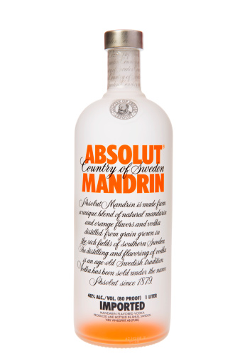 Denizli, Turkey - August 30, 2012:Bottle of 1 liter Absolut Mandarin Flavoured Vodka on white background.(isolated), product of Sweden, Studio shot.