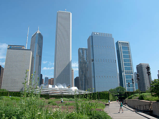 Lurie Garden in Millennium Park "Chicago, Illinois, USA - July 6, 2011: People exploring Millennium Park and its gardens in downtown Chicago. Millennium Park is a national and international destination that has drawn millions of visitors since its opening in 2004." lurie stock pictures, royalty-free photos & images