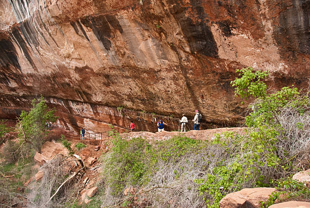 People Pass Beneath Cliff on The Way to Emerald Pools Zion National Park, Utah, USA - May 10, 2011: Hikers pass beneath a cliff on their way to the Emerald Pools. jeff goulden zion national park stock pictures, royalty-free photos & images