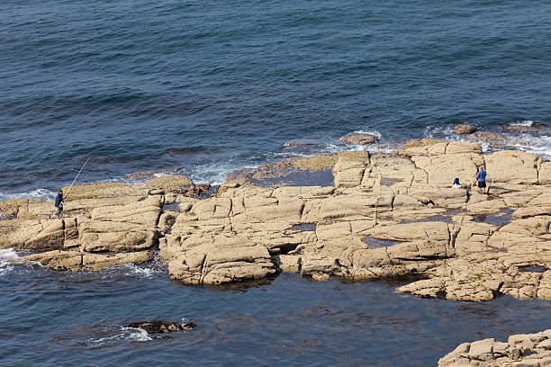 Angler on plain rocks in sea "Barfleur, France - July 1, 2011: Aerial view of angler on flat rocks in sea at low tide in Barfleur, France. People enjoy catching fishes and looking for mussels and shellfishes in the tidal pools." leisure activity french culture sport high angle view stock pictures, royalty-free photos & images