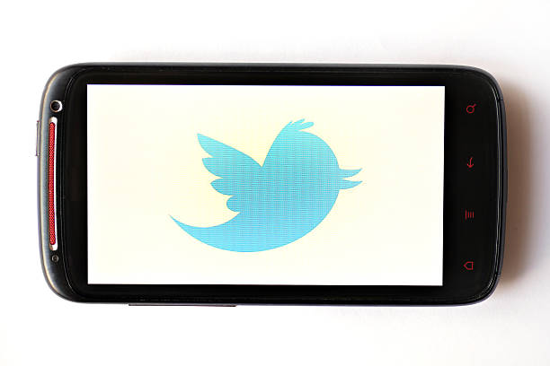 Twitter phone Bucharest, Romania - March 28, 2012: Twitter logo is displayed on a mobile phone screen. Twitter is an online social networking service and microblogging service that enables its users to send and read text-based posts. birdsong photos stock pictures, royalty-free photos & images