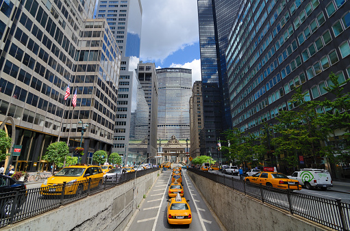 New York City, USA - August 24, 2011: Taxis emerge from the Park Avenue Tunnel in Manhattan.