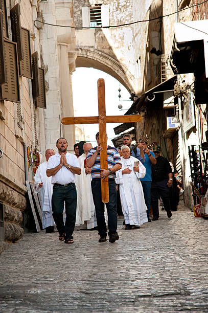 Christian procession on Jerusalem's Via Dolorosa stock photo