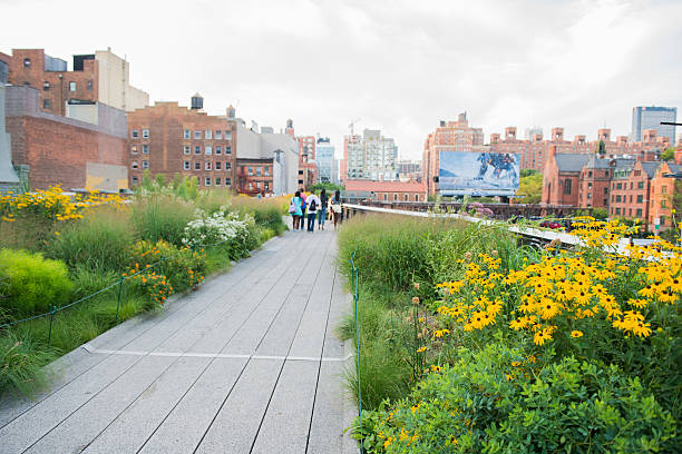 manhattan high line park bürgersteig herrlichen blick auf nyc - high line park stock-fotos und bilder