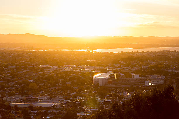 Eden Park and the Waitakere Ranges at sunset stock photo