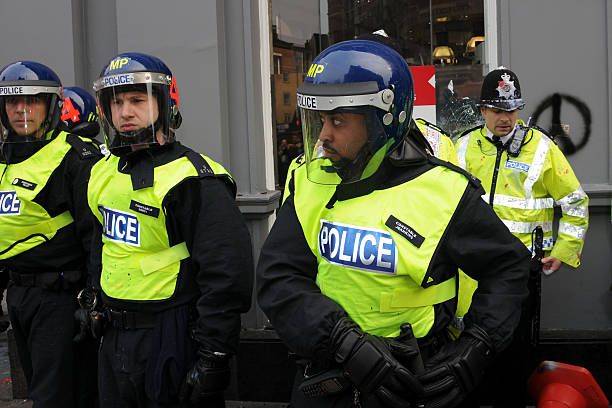 London, United Kingdom - April 16, 2016:Police were present in large numbers to oversee the anti-austerity march in London but by their own words, they felt that the marchers were very orderly.