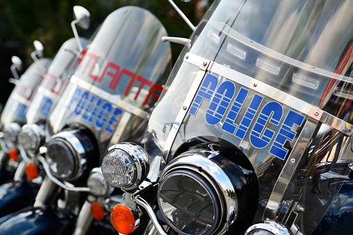Atlanta, Georgia, USA - August 25, 2013: Atlanta Police motorbikes parked at Centennial Olympic Park. The agency was formed in 1873 and has currently over 1,600 members on the force.