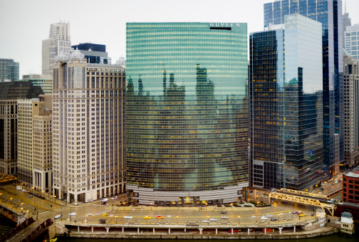 View of skyscrapers and famous Buckingham Fountain in Grant Park