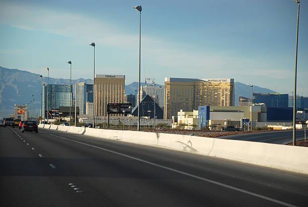Entering Las Vegas during daytime "Las Vegas, USA - MArch 15, 2009: Entering Las Vegas, Nevada, during daytime from the freeway, with some of the big Hotels on the Las Vegas Strip, in March 2009" luxor las vegas stock pictures, royalty-free photos & images
