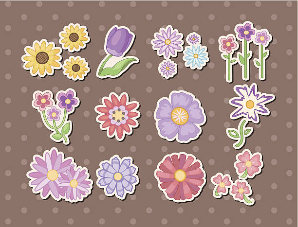 ilustraciones, imágenes clip art, dibujos animados e iconos de stock de pegatinas de flores - tulip sunflower single flower flower