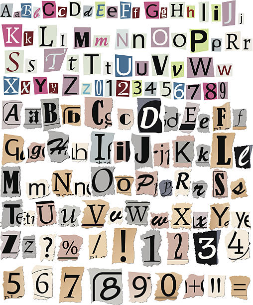 gazety litery i cyfry. - alphabet description number isolated stock illustrations