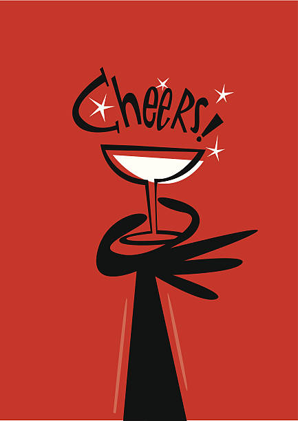 Toast. Providing hand and shouting cheers. Toasts with sparkling wine. Elegant woman hand toasting with champagne. Invitation to a party or dinner year-end. Sophisticated hand with a glass of cava. Black gloves. Ideal for a party invitation illustration. new years eve party stock illustrations