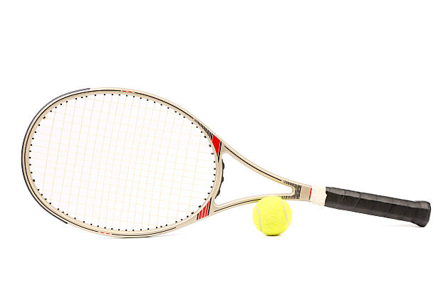 istock Gray tennis racket and yellow ball. 458812347