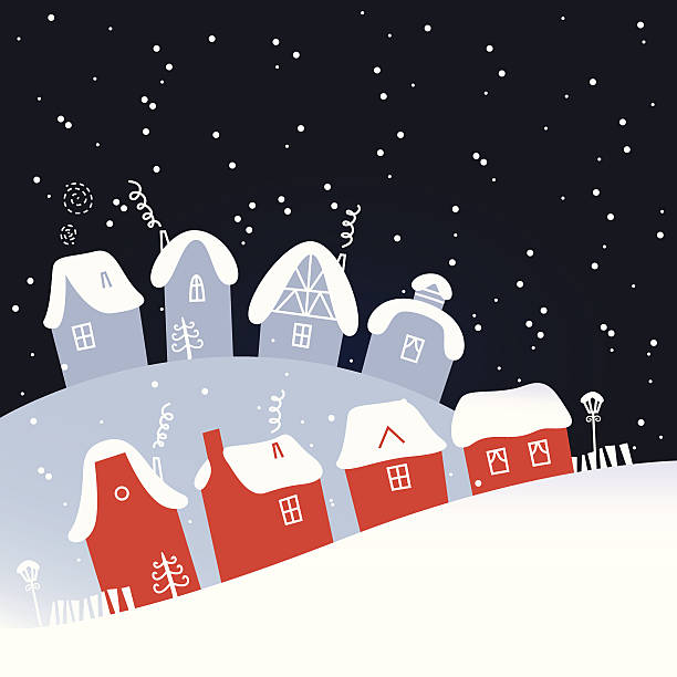 Winter Christmas snowing village vector art illustration