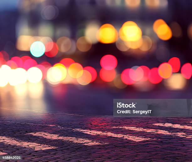 Night Lights In City And Zebra Crossing Stock Photo - Download Image Now - Abstract, Backgrounds, Black Color