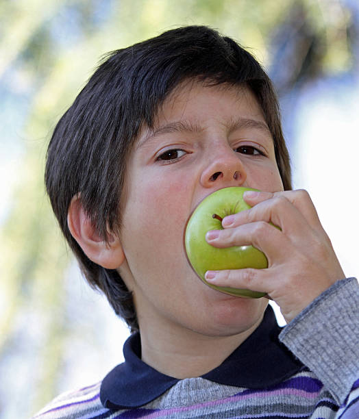 istock boy in striped wool sweater purple biting an apple 458843499