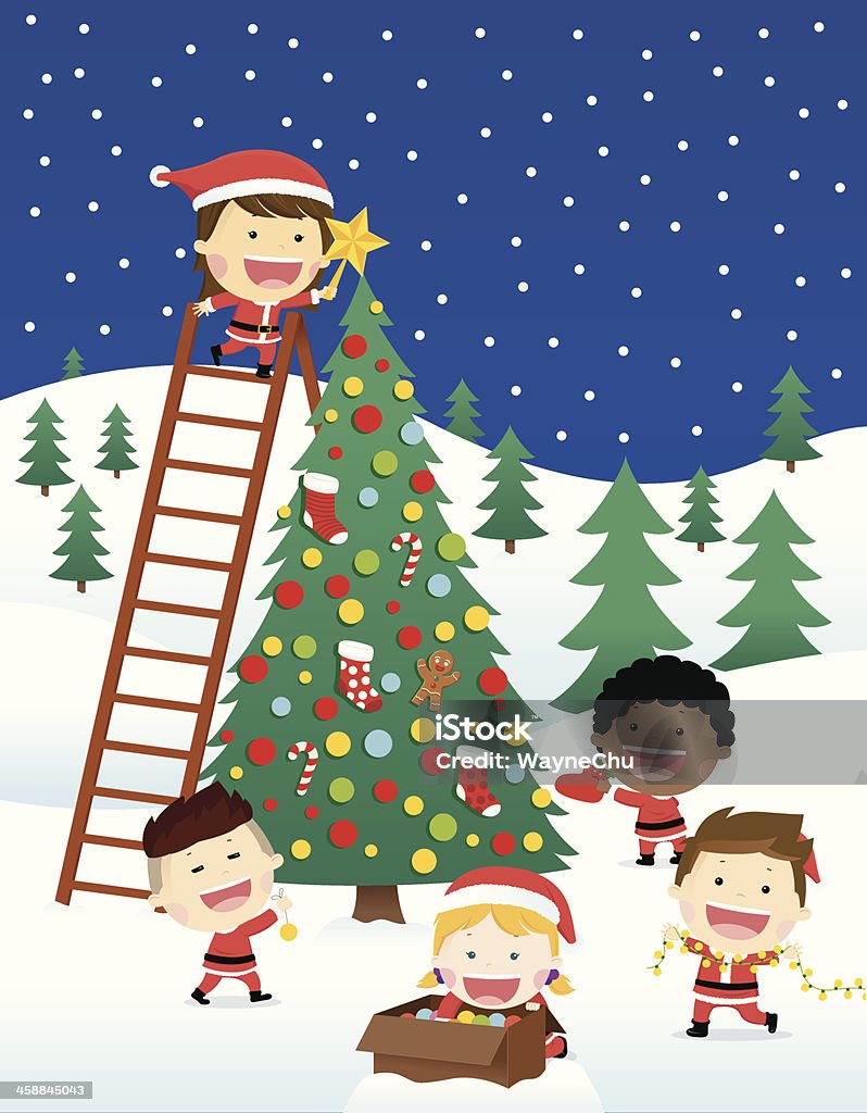Happy Children decorar el árbol de navidad - arte vectorial de Navidad libre de derechos