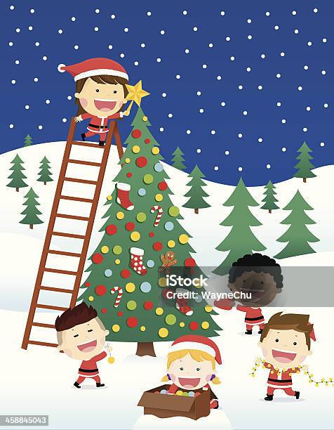 Ilustración de Happy Children Decorar El Árbol De Navidad y más Vectores Libres de Derechos de Navidad - Navidad, 6-7 años, Adorno de navidad