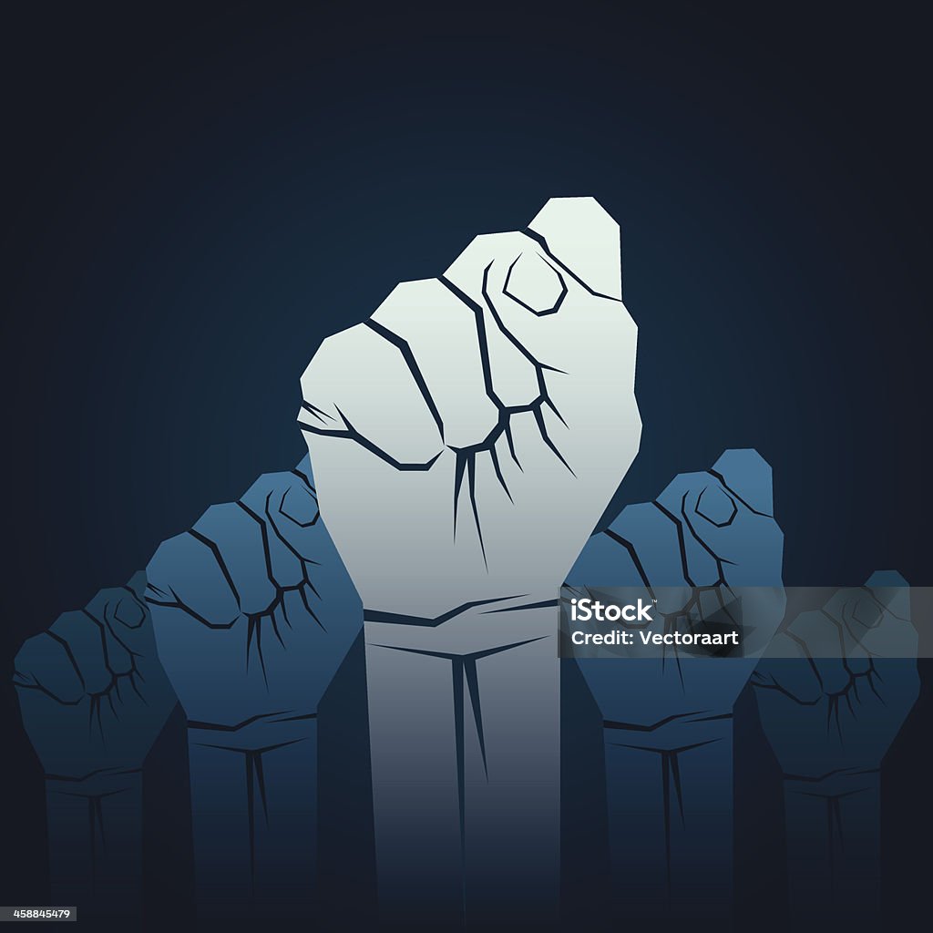 Cartoon of five fists raised in unison showing solidarity power or unity concept, close hand fist up hand background vector Closed stock vector