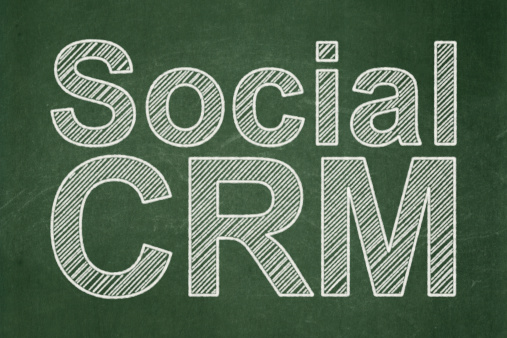 Business concept: text Social CRM on Green chalkboard background, 3d render