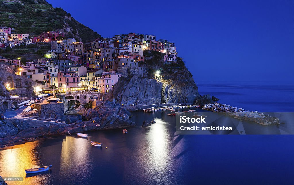 Manarola, Cinque Terre in Italy A view of Manarola, one of the five villages of the Cinque Terre on Italy's Mediterranean coast. Architecture Stock Photo