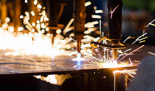 CNC LPG cutting with sparks stock photo