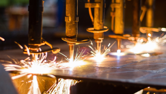 CNC LPG cutting with sparks close up