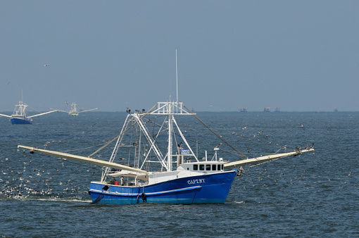 Felixstowe, Suffolk, England - June 14, 2023: Fishing boats in the river Deben estuary.