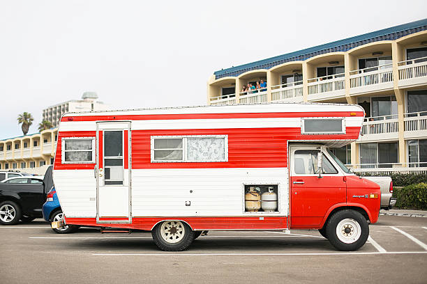 Red and white RV stock photo