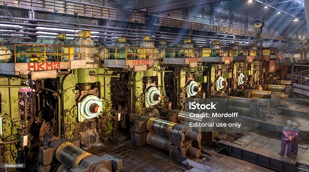 Hot strip mills Cherepovets, Russia - July 19, 2013: Rolling Mill Equipment , Hot Rolling Steel Production Line. Workshop of hot rolled steel productions at Cherepovets Steel Mill (Severstal) Steel Mill Stock Photo