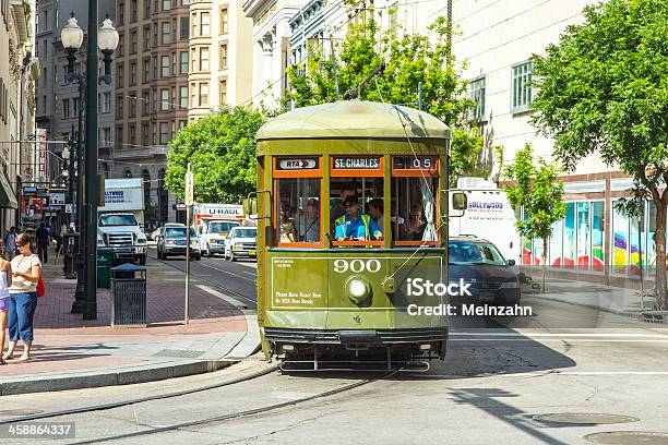 Green Trolley Streetcar On Rail In New Orleans French Quarter Stock Photo - Download Image Now