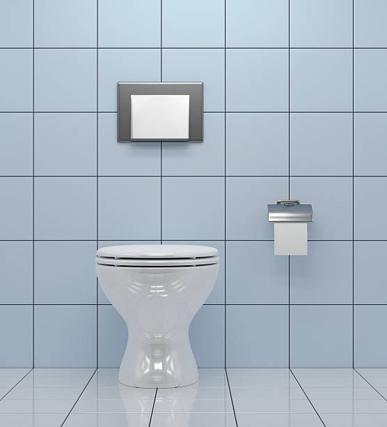 Simple toilet on a bathroom design with square tiles stock photo