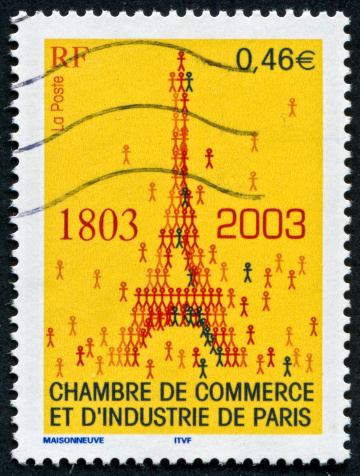 Richmond, Virginia, USA - August 3rd, 2013:  Cancelled Stamp From France Featuring The 200th Anniversary Of The Chamber Of Commerce Of Paris.