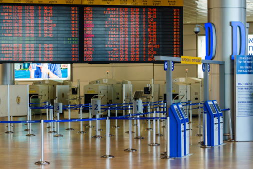 Tel-Aviv, Israel - July 6, 2013: Empty hall of passenger terminal #3 in Israeli international airport Ben-Gurion on Saturday (Shabbat)