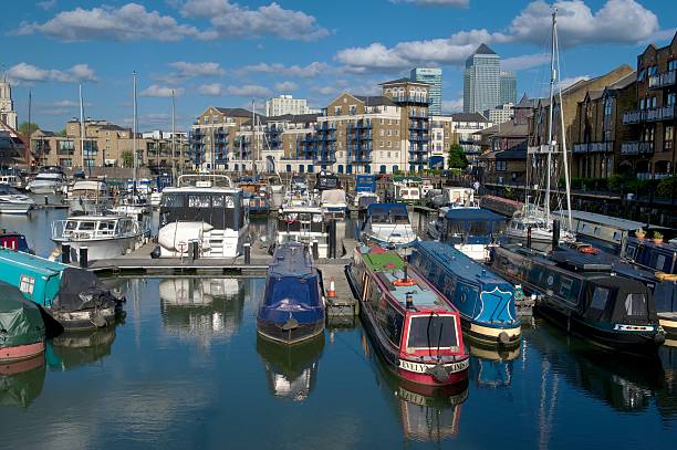 Limehouse Basin and Canary Wharf, London, UK stock photo
