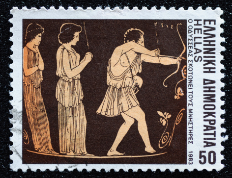 Bandung, West Java, Indonesia, July 16, 2010: A stamp printed in Greece 1983 show Odysseus slaying suitors.