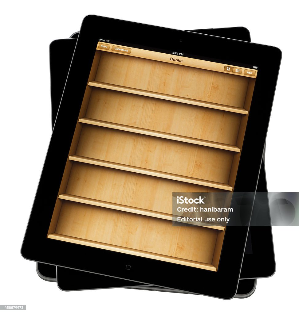 E-reader App. Seoul, Korea - August 02, 2013 : Apple iPad mini displaying an iBooks App. The iPad mini, a smaller, thinner version of the iPad has a 7.9" retina display and was released by Apple Inc on November 2, 2012. Shot on studio on white background. Big Tech Stock Photo