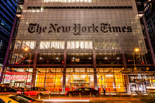 New York City, USA - May 7, 2013: A The New York Times company office building at 620 8th Avenue, Midtown Manhattan, New York City. It was completed in 2007 and it is owned by The New York Times Company and Forest City Ratner Companies.