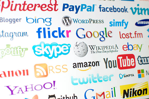 world brands of the internet St. Peter-Ording, Germany - August 11, 2013: Logotypes of world brands which dominates the internet on white backgound - shot on monitor screen. wikipedia stock pictures, royalty-free photos & images